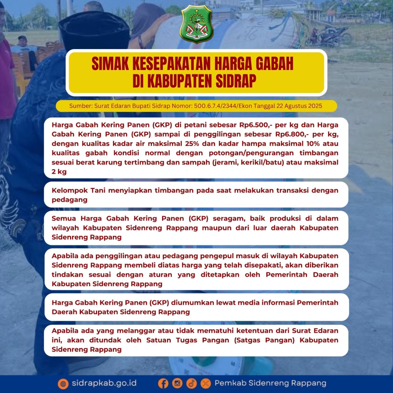 Simak! Ini Kesepakatan Harga Gabah di Kabupaten Sidenreng Rappang