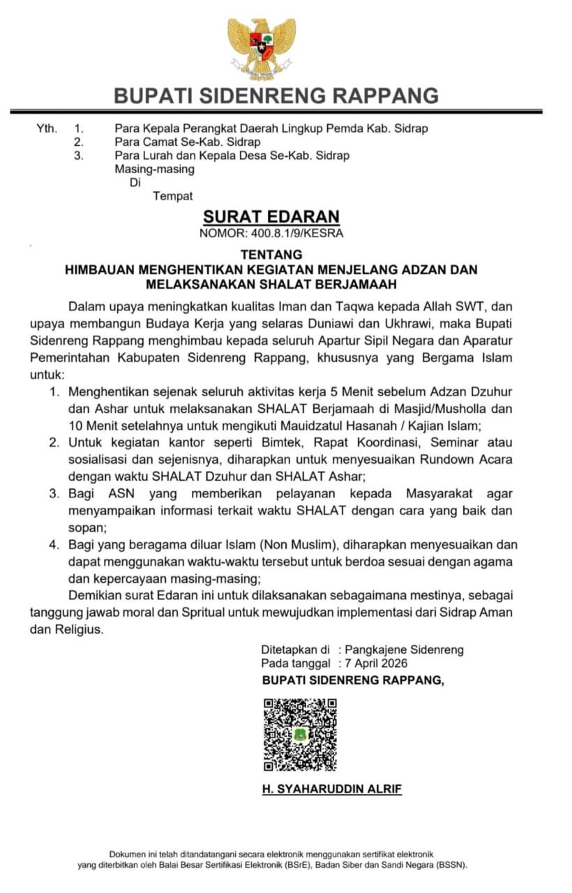 Bupati Sidrap Keluarkan Edaran, ASN Stop Aktivitas Jelang Azan