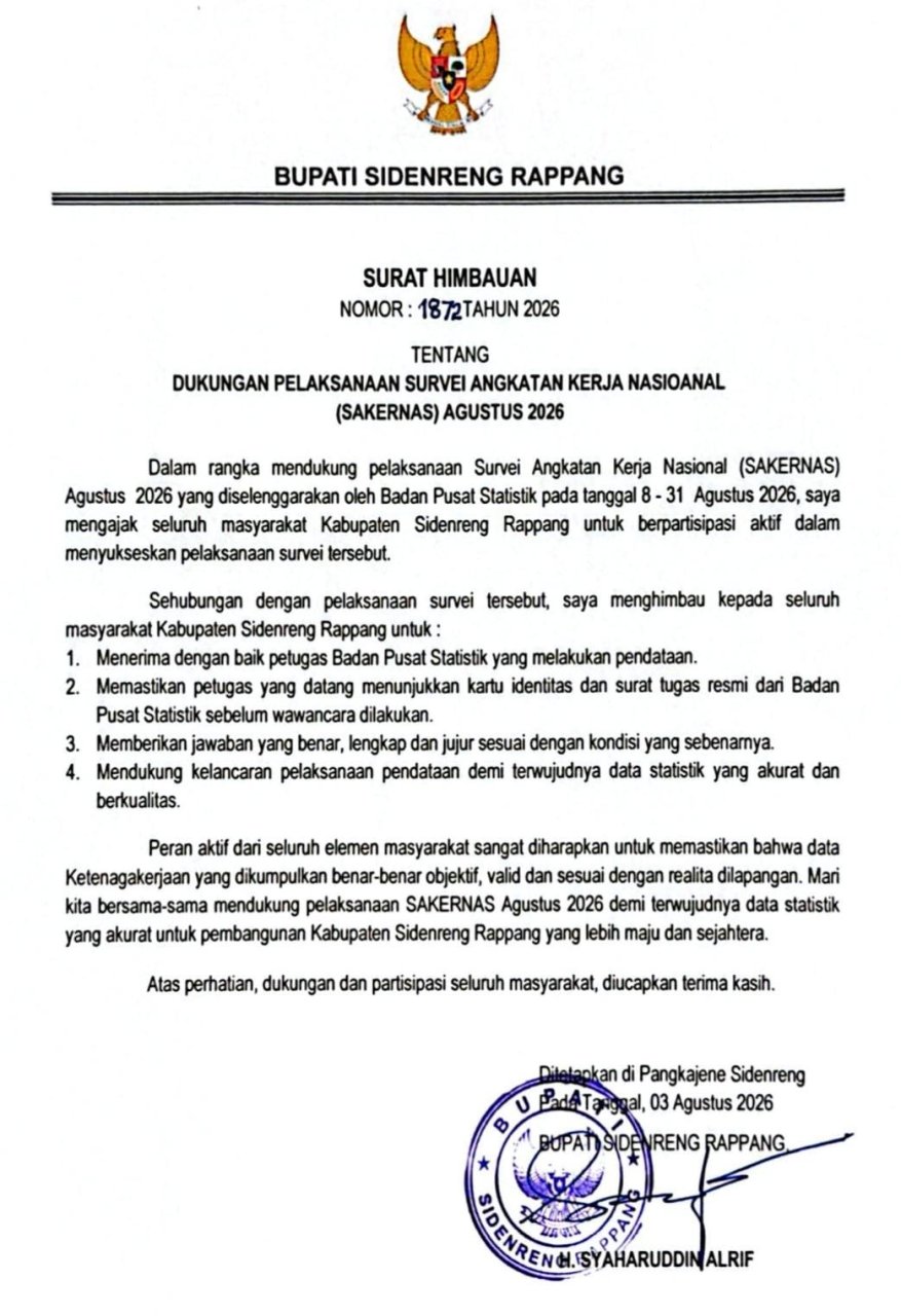 Wujudkan Data Ketenagakerjaan Berkualitas, Bupati Sidrap Ajak Masyarakat Sukseskan Sakernas 2026