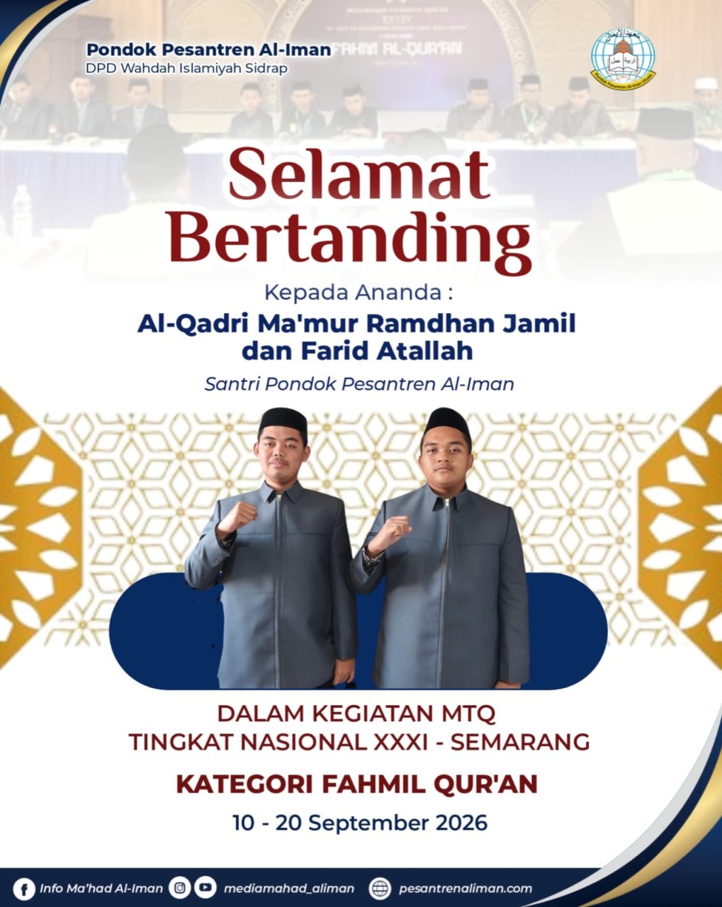 Dua Santri Ponpes Al-Iman Sidrap Wakili Sulsel di MTQ Nasional XXXI di Semarang
